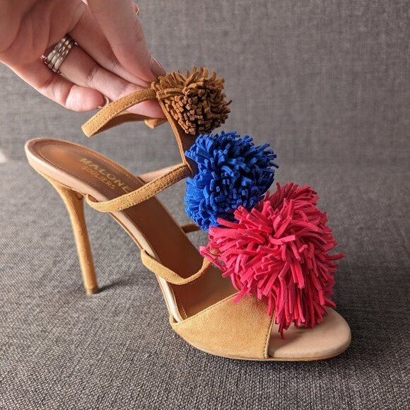 NWOB Malone Souliers Sherry Pompom Fringe Suede Heeled Sandals - Picture 2 of 10